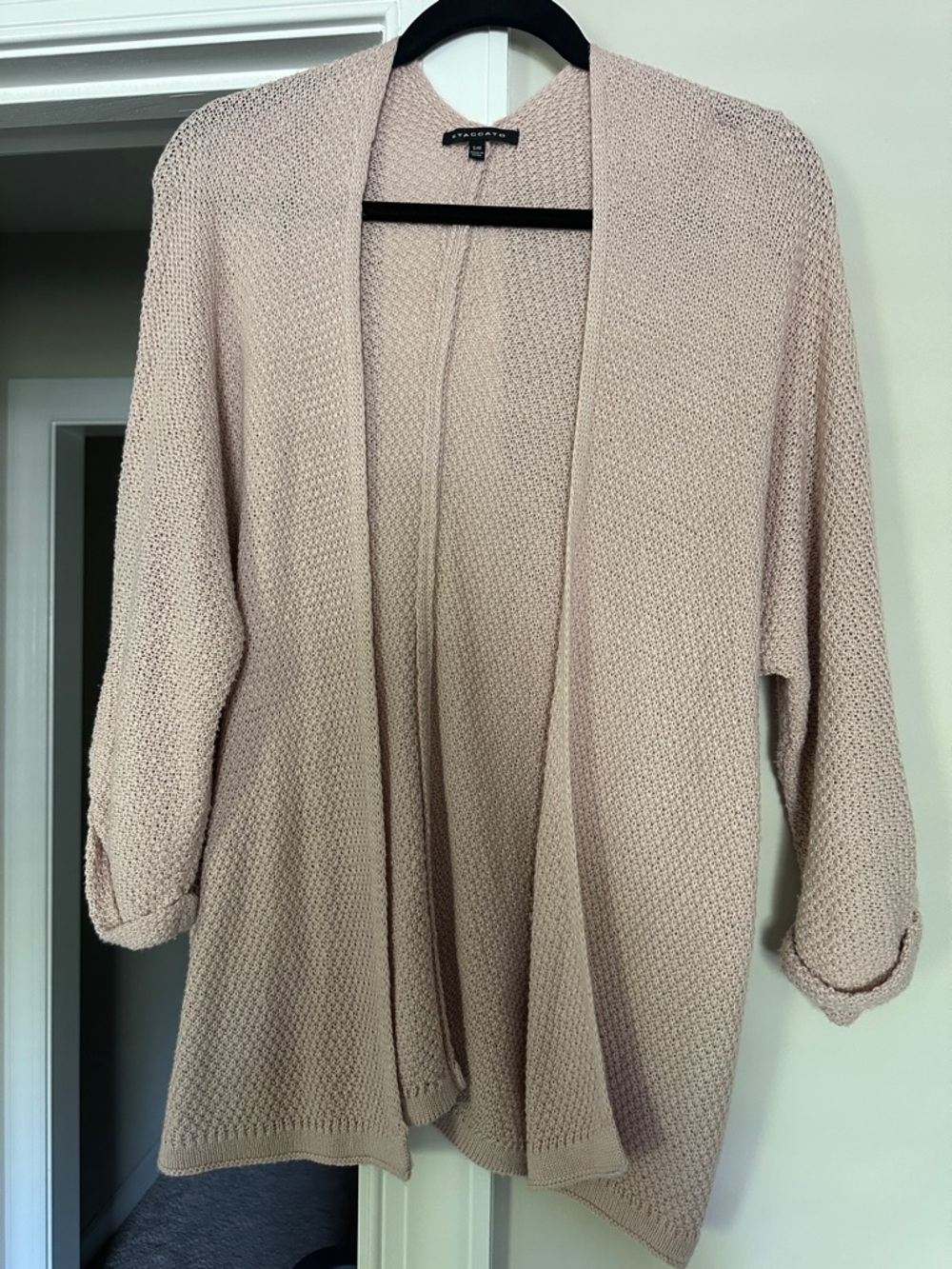 Staccato Open-Front Knit Cardigan in Light Blush